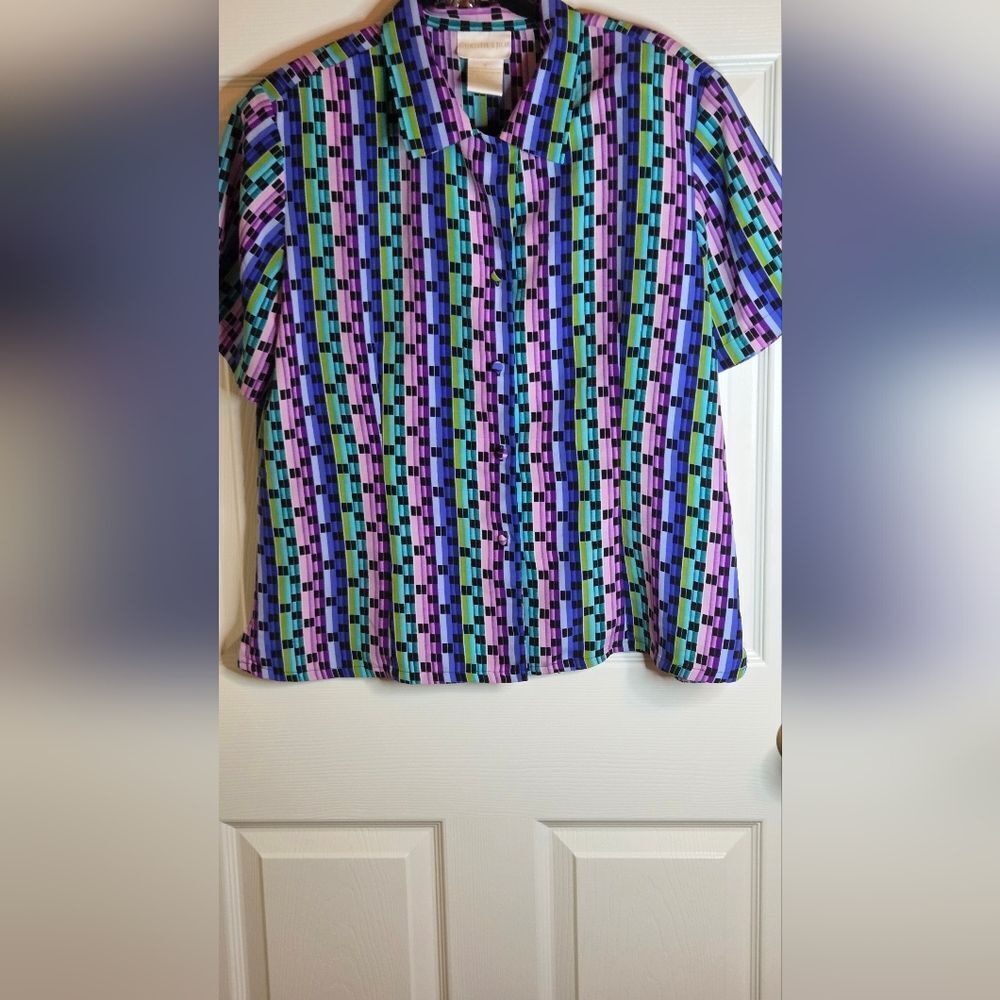 Vtg Christie&Jill 14 80-90th Mltclrd Stripted  Shrtslvel ButtonsUp Women's Shirt